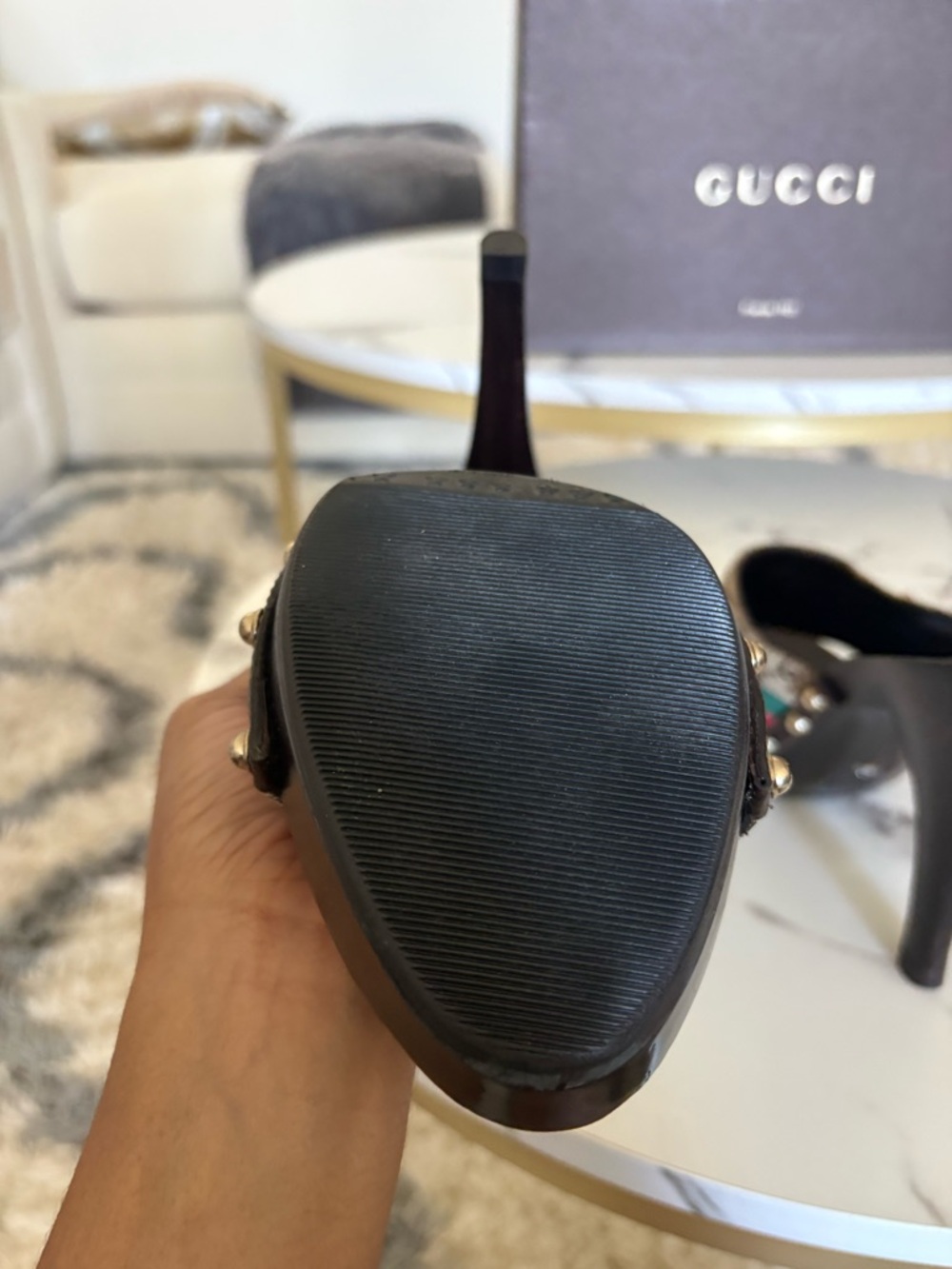 Gucci Brown GG Canvas Wood Platform Slides with Red and Green Web - Picture 6 of 16